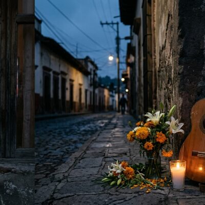 Televisor que anuncia un duelo musical junto a un altar callejero con una guitarra, flores y una vela encendida