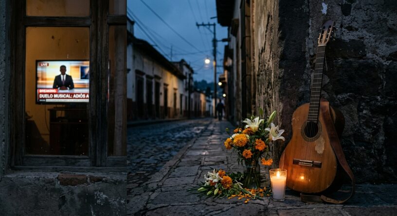 Televisor que anuncia un duelo musical junto a un altar callejero con una guitarra, flores y una vela encendida
