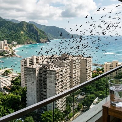 Vista desde un balcón hacia una ciudad costera con montañas, edificios y una gran bandada de aves volando