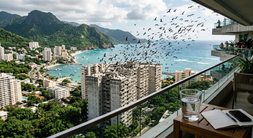 Vista desde un balcón hacia una ciudad costera con montañas, edificios y una gran bandada de aves volando