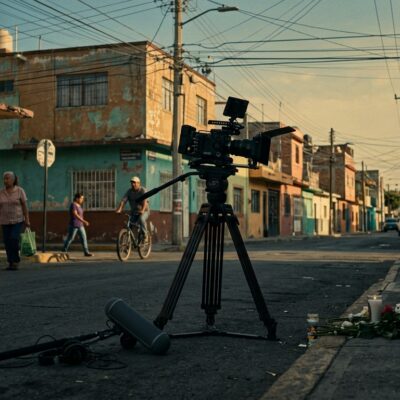 Cámara de video en un trípode en una calle residencial junto a un micrófono en el suelo y un altar con flores