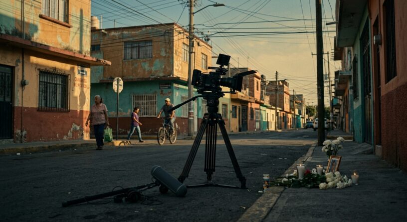 Cámara de video en un trípode en una calle residencial junto a un micrófono en el suelo y un altar con flores