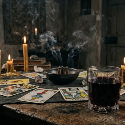 Cartas del tarot, velas, incienso, un vaso con líquido rojo y un frasco con una etiqueta que dice THE CURE