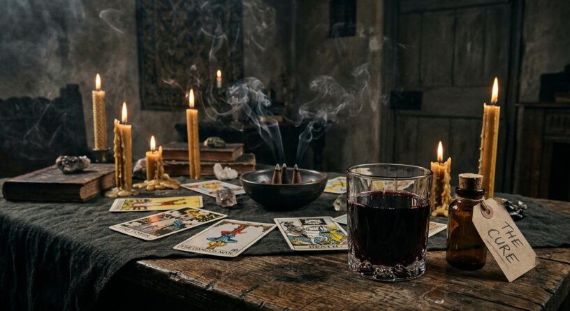 Cartas del tarot, velas, incienso, un vaso con líquido rojo y un frasco con una etiqueta que dice THE CURE