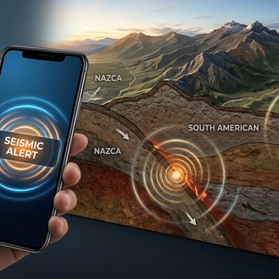 Celular con alerta sísmica junto a un diagrama de las placas tectónicas de Nazca, Sudamericana y del Caribe