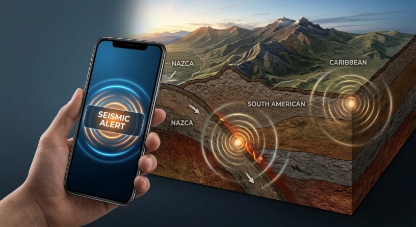 Celular con alerta sísmica junto a un diagrama de las placas tectónicas de Nazca, Sudamericana y del Caribe