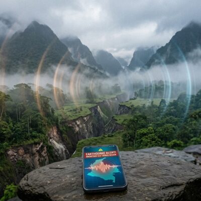 Celular sobre una roca mostrando una alerta de terremoto en un paisaje montañoso con ondas sísmicas