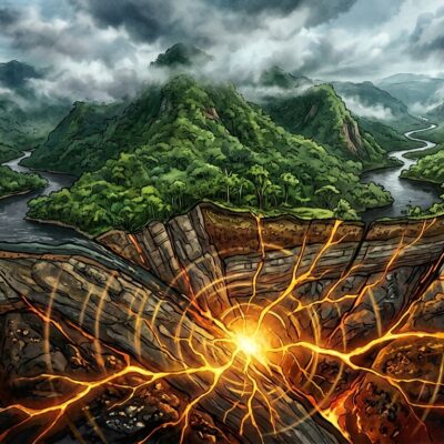 Corte transversal de la Tierra que muestra el epicentro de un sismo y sus ondas propagándose bajo una selva montañosa