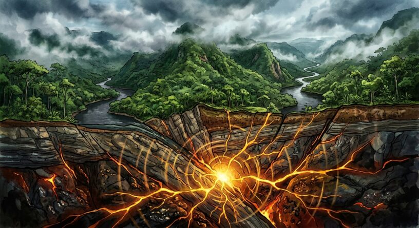 Corte transversal de la Tierra que muestra el epicentro de un sismo y sus ondas propagándose bajo una selva montañosa