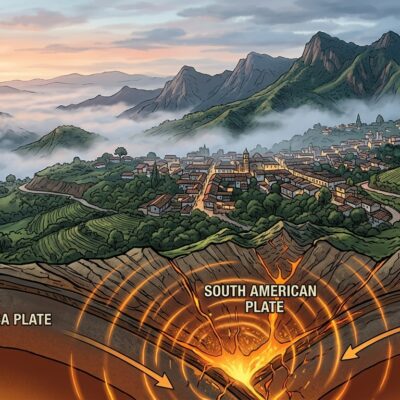 Diagrama de la interacción de las placas tectónicas de Nazca, Sudamericana y del Caribe bajo un pueblo de montaña