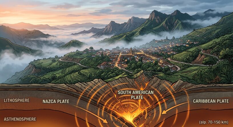 Diagrama de la interacción de las placas tectónicas de Nazca, Sudamericana y del Caribe bajo un pueblo de montaña