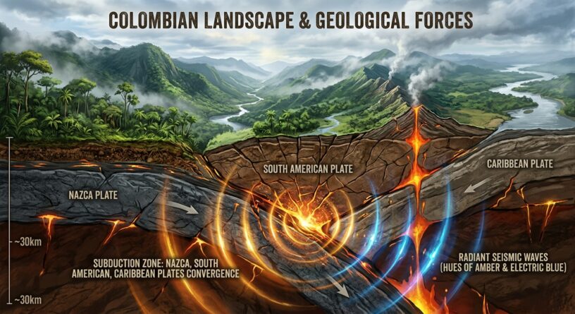 Diagrama de la zona de subducción en Colombia que muestra la convergencia de las placas de Nazca, Sudamericana y del Caribe