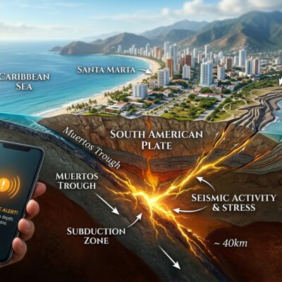 Diagrama de placas tectónicas bajo Santa Marta que muestra una zona de subducción y un celular con alerta de sismo