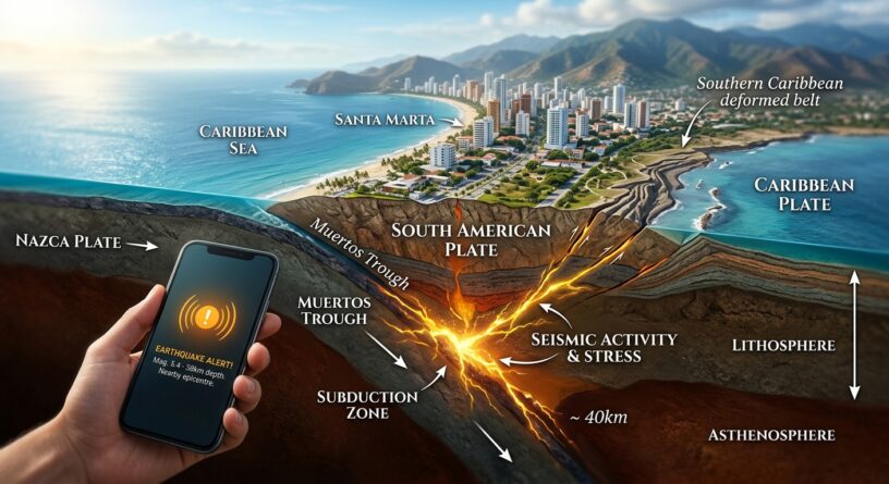 Diagrama de placas tectónicas bajo Santa Marta que muestra una zona de subducción y un celular con alerta de sismo