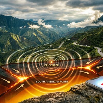 Diagrama de placas tectónicas (Nazca, Sudamericana y Caribe) generando un sismo, y un celular con alerta de emergencia