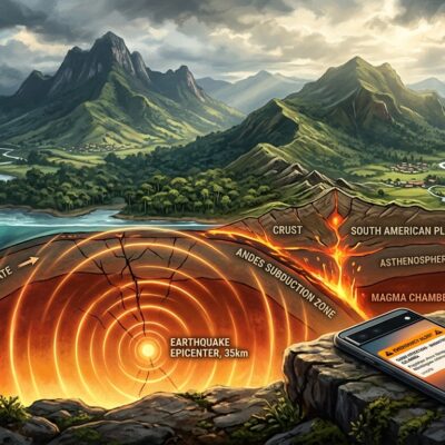 Diagrama de subducción de placas tectónicas con epicentro de sismo a 35 km y un celular mostrando una alerta de emergencia