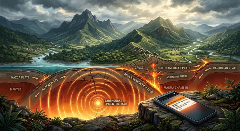 Diagrama de subducción de placas tectónicas con epicentro de sismo a 35 km y un celular mostrando una alerta de emergencia