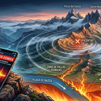 Diagrama de un sismo en Colombia que muestra placas tectónicas, zona de fallas, epicentro y un celular con alerta sísmica