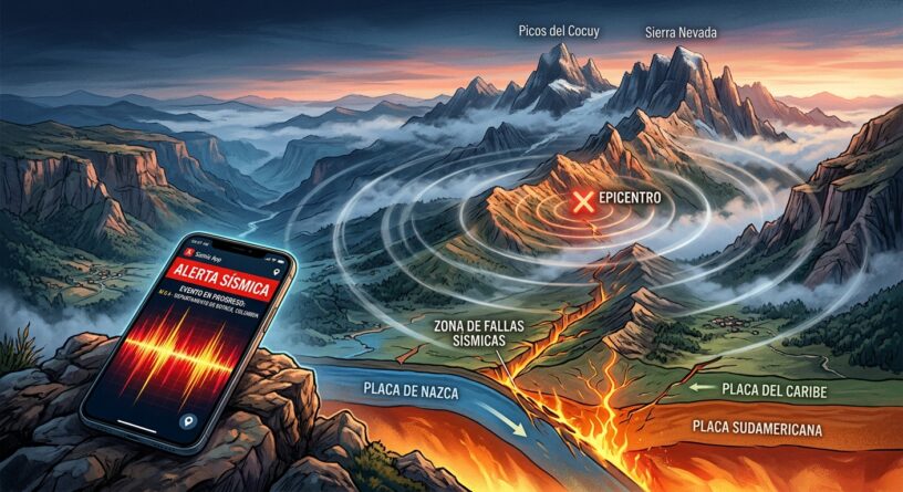 Diagrama de un sismo en Colombia que muestra placas tectónicas, zona de fallas, epicentro y un celular con alerta sísmica