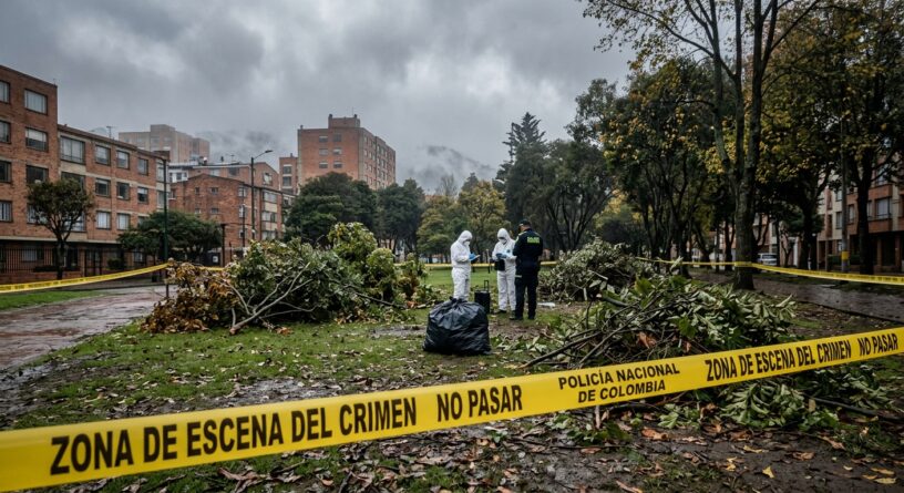 Investigadores forenses en una escena del crimen acordonada con cinta de la Policía Nacional de Colombia