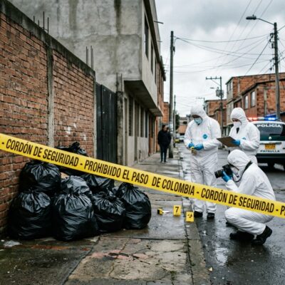 Investigadores forenses examinan una escena del crimen acordonada por la Policía Nacional de Colombia