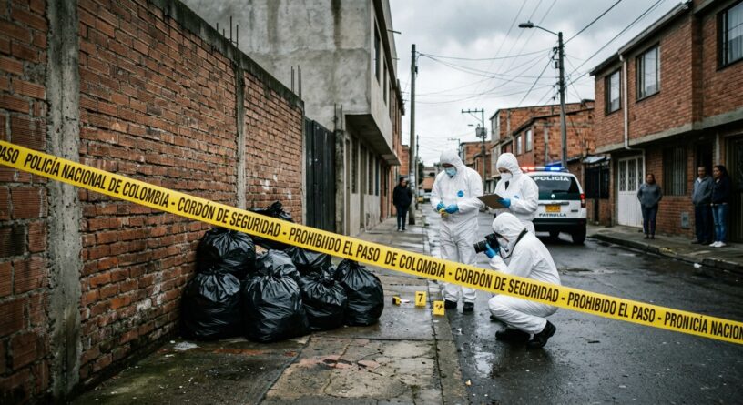 Investigadores forenses examinan una escena del crimen acordonada por la Policía Nacional de Colombia
