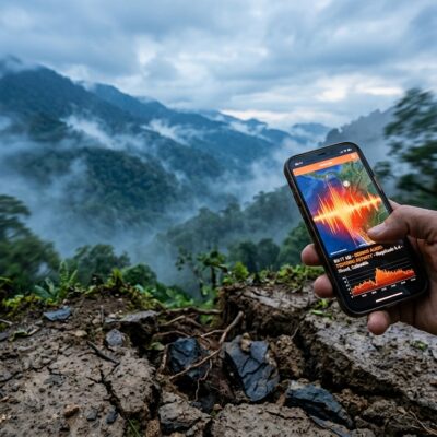 Mano sosteniendo un celular con una app de monitoreo sísmico frente a montañas con neblina y suelo agrietado