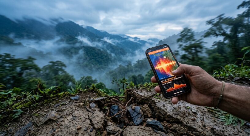 Mano sosteniendo un celular con una app de monitoreo sísmico frente a montañas con neblina y suelo agrietado