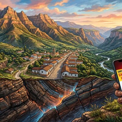Mano sostiene un celular con una alerta de terremoto frente a un pueblo situado sobre una falla geológica activa