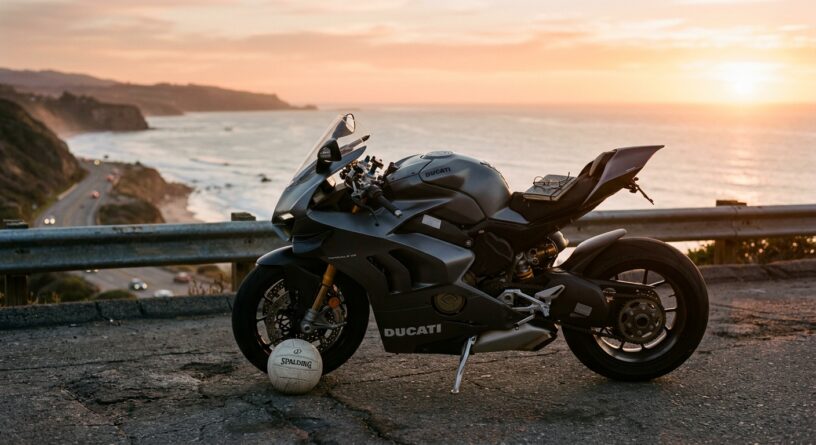 Motocicleta Ducati gris estacionada en una carretera costera al atardecer con un balón de voleibol junto a la rueda