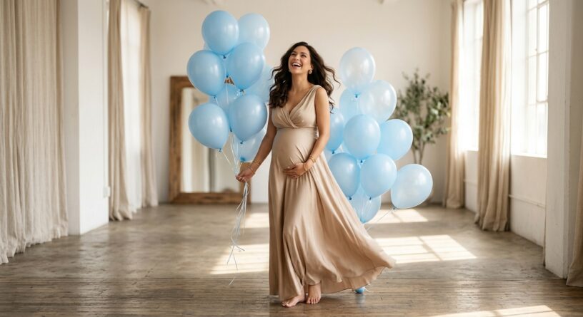 Mujer embarazada sonriente con un vestido largo beige, sosteniendo globos azules en una habitación iluminada