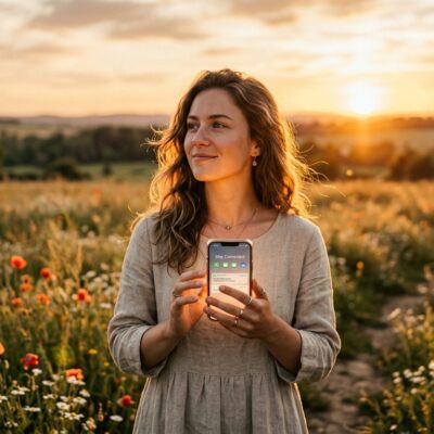 Mujer en un campo de flores al atardecer sosteniendo un celular con el mensaje Stay Connected