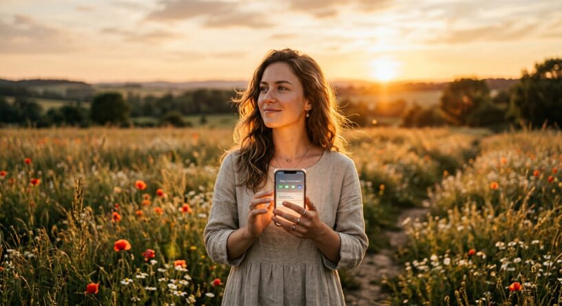Mujer en un campo de flores al atardecer sosteniendo un celular con el mensaje Stay Connected
