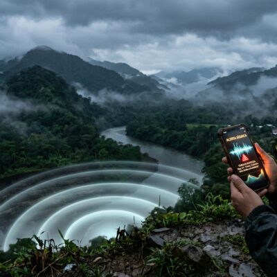 Mujer observa una alerta en su celular frente a un paisaje montañoso con ondas concéntricas que emanan del valle