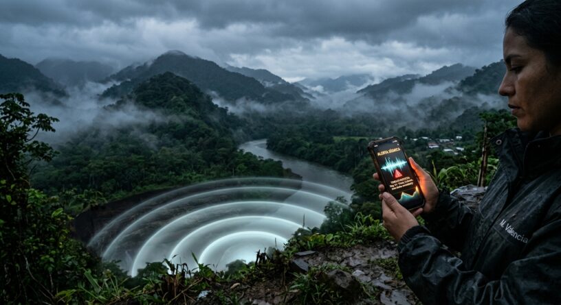 Mujer observa una alerta en su celular frente a un paisaje montañoso con ondas concéntricas que emanan del valle