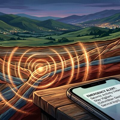 Ondas sísmicas propagándose bajo tierra y un teléfono celular en primer plano que muestra una alerta de sismo