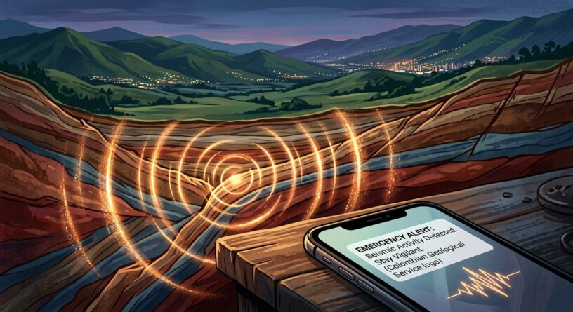 Ondas sísmicas propagándose bajo tierra y un teléfono celular en primer plano que muestra una alerta de sismo