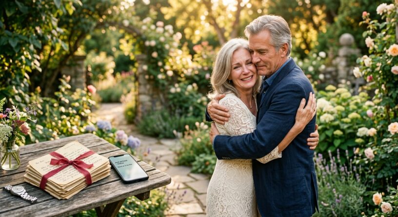 Pareja mayor se abraza con emoción en un jardín; en primer plano, cartas antiguas atadas con cinta y un celular