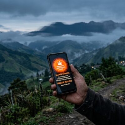 Persona en una zona montañosa sostiene un celular con una notificación de alerta sísmica en la pantalla