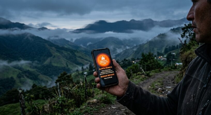 Persona en una zona montañosa sostiene un celular con una notificación de alerta sísmica en la pantalla
