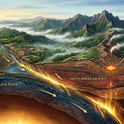 Subducción de la placa de Nazca bajo la placa Sudamericana, que genera magma y actividad volcánica en la cordillera