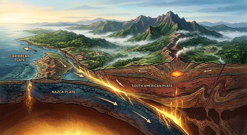 Subducción de la placa de Nazca bajo la placa Sudamericana, que genera magma y actividad volcánica en la cordillera