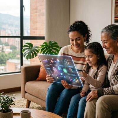 Tres generaciones de mujeres sonríen al interactuar con una pantalla transparente y futurista en su sala