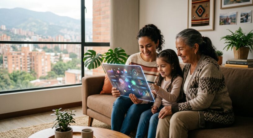 Tres generaciones de mujeres sonríen al interactuar con una pantalla transparente y futurista en su sala