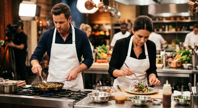 Un hombre y una mujer con delantales blancos cocinando y emplatando comida en una cocina profesional
