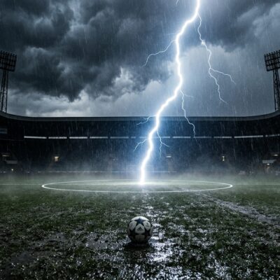 Un rayo cae en el centro de una cancha de fútbol bajo una fuerte tormenta, con un balón en primer plano