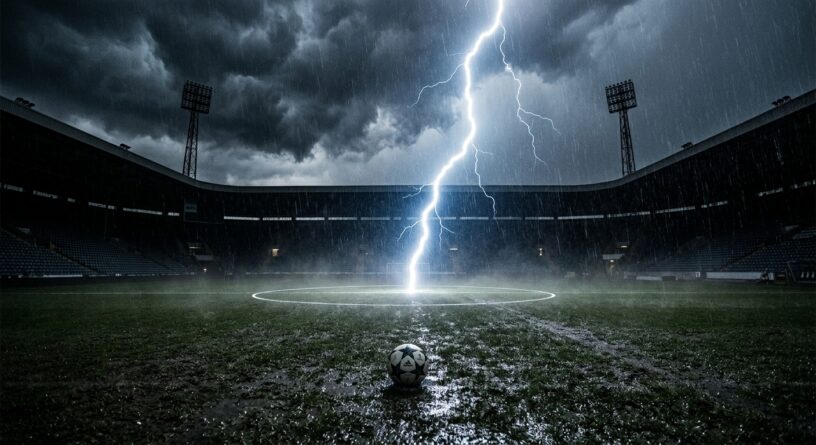 Un rayo cae en el centro de una cancha de fútbol bajo una fuerte tormenta, con un balón en primer plano