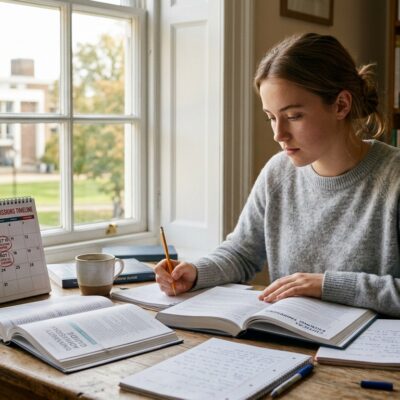 Una estudiante sentada en su escritorio junto a la ventana, concentrada en sus libros de estudio y apuntes