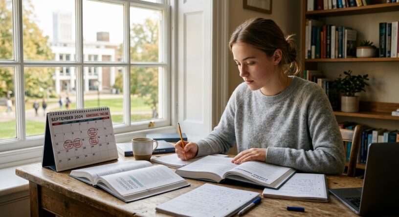 Una estudiante sentada en su escritorio junto a la ventana, concentrada en sus libros de estudio y apuntes