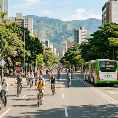 Ciclistas recorren una amplia avenida en un día sin carro, junto a un autobús ecológico y con montañas al fondo